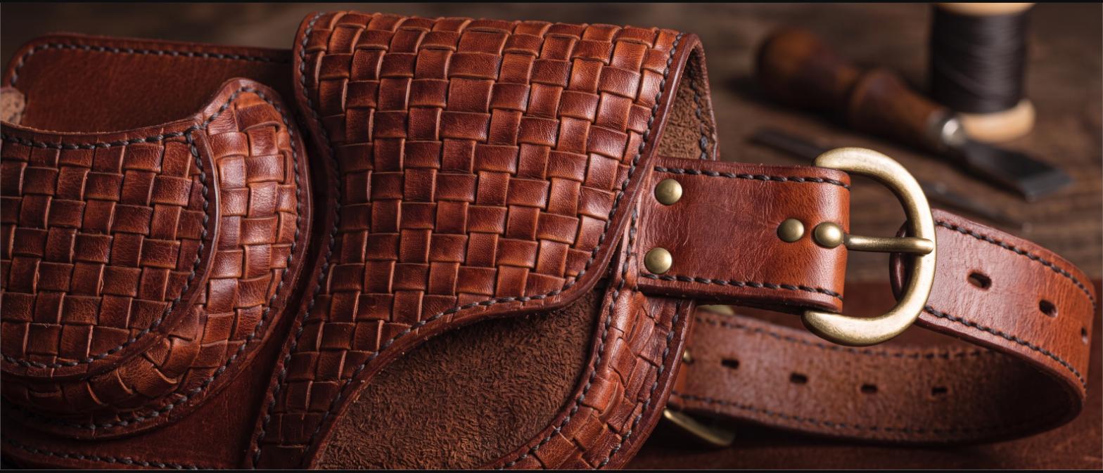 Close-up of basketweave tooled leather with hand stitching and a brass buckle