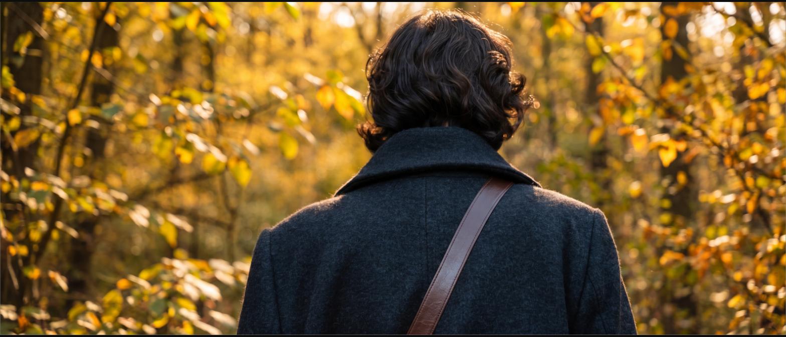 A leather strap over the shoulder of a wool coat in autumn woods