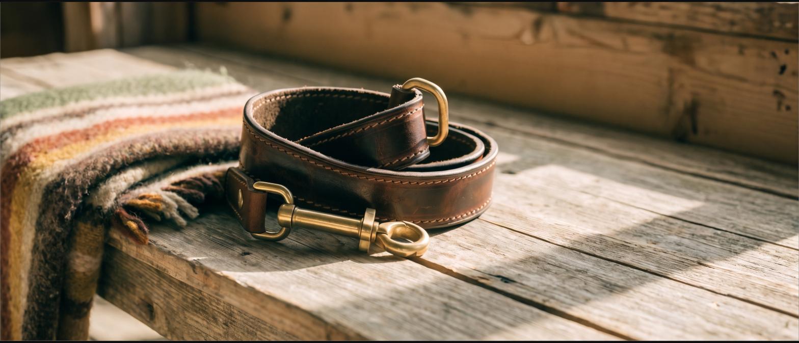 Hand-tooled leather sling with brass hardware coiled on a weathered wooden bench
